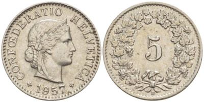 ШВЕЙЦАРИЯ 5 РАППЕНОВ 1957 В KM 26 медно-никель 4532-949