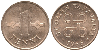 Финляндия 1 пенни 1966 KM 44 медь 100-958