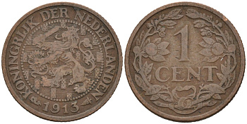 Нидерланды 1 цент 1913 Вильгельмина (1890-1948) KM 152 бронза 4576-669