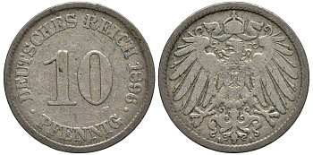 ГЕРМАНИЯ 10 ПФЕННИГОВ 1896 A KM 12, Jager 13, Weege 8 медно-никель 4538-124
