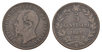 Италия 5 чентезимо 1861 M, Виктор Эммануил II (1861-1878) KM 3 медь 45-1013