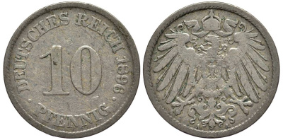 ГЕРМАНИЯ 10 ПФЕННИГОВ 1896 A KM 12, Jager 13, Weege 8 медно-никель 4538-124
