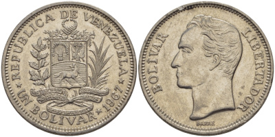 Венесуэла 1 боливар 1967 Симон Боливар KM 42 никель 31-526