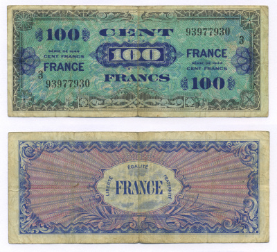 Франция 100 франков 1944 военный выпуск Pick 123 с бумага 7146-4-1-1