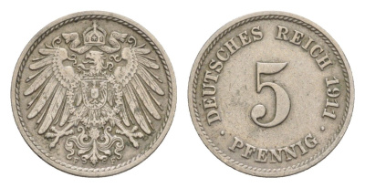Германия 5 пфеннигов 1911 F, Вильгельм II (1888-1918) KM 11, J. 12 медно-никель 4640-135