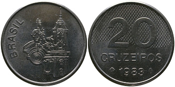 Бразилия 20 крузейро 1983 KM 593.1, Schon 102 нержавеющая сталь aUNC 4519-256