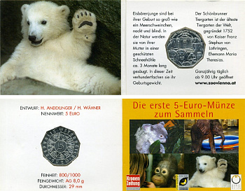 Австрия 5 евро 2002 250 лет Шенбруннскому зоопарку, в оригинальном буклете, белый медведь KM 3091 серебро  UNC  7-5-6-39