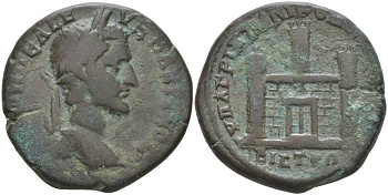 Римская Империя, Провинция Нижняя Мезия, Никополь-на-Истре АЕ 217 - 218 Макрин, бюст императора / городские ворота, 12,60 гр медь 1073-22-21