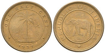 Либерия 1/2 цента 1937 KM 10 латунь aUNC 4588-936