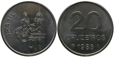 Бразилия 20 крузейро 1983 KM 593.1, Schon 102 нержавеющая сталь aUNC 4519-256