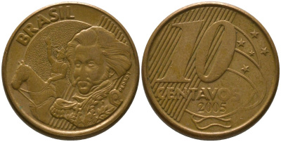 Бразилия 10 сентаво 2005 KM 649, Schon 157 сталь плакированная бронзой 4523-745