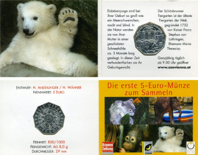 Австрия 5 евро 2002 250 лет Шенбруннскому зоопарку, в оригинальном буклете, белый медведь KM 3091 серебро  UNC  7-5-6-39