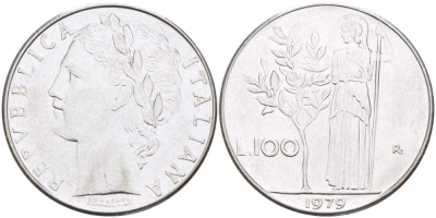 Италия 100 лир 1979 R, Афина в доспехах KM 96.1 нержавеющая сталь 4526-334