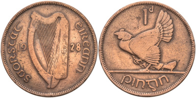 Ирландия 1 пенни 1928 курица с цыплятами KM 3 бронза 3460-146