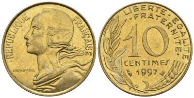 Франция 10 сантимов 1997 тип Marianne KM 929 медь алюминий никель 4609-313