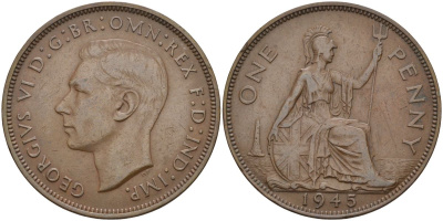 Великобритания 1 пенни 1945 Георг VI (1936-1952) KM 845, Spink 4114 бронза 4149-746