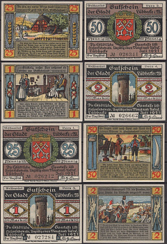 Люббекке полный набор из 4 нотгельдов (25 и 50 пфеннигов; 1 и 2 марки) 1921 Mehl Grabowski 819.2 бумага UNC (пресс) 7556-19-2-1