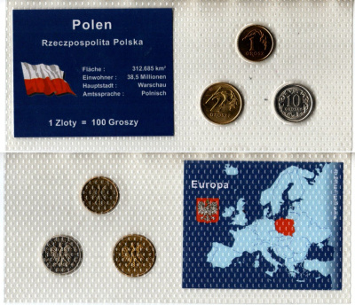 Польша набор из 3 монет (1, 2 и 5 грошей) 2003, 2004 и 2009 в красочной упаковке с информацией о стране Y 276, 277 и 278 UNC 2-6-3-146