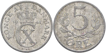 ДАНИЯ 5 ЭРЕ 1941 N ; S, КРИСТИАН X (1912-1947) KM 834 алюминий 38-346