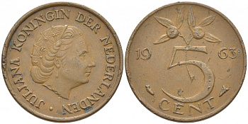 НИДЕРЛАНДЫ 5 ЦЕНТОВ 1963 ЮЛИАНА KM 181 бронза 3856-1241