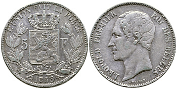 Бельгия 5 франков 1853 Леопольд I (1831-1865) KM 17 серебро 00-1067-5-51