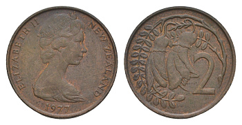 Новая Зеландия 2 цента 1977 Елизавета II (1952-2022), два цветка кохаи KM 32.1 бронза 4655-1148