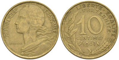 Франция 10 сантимов 1967 тип Marianne KM 929, LE FRANC 144.7 медь алюминий никель 4511-732