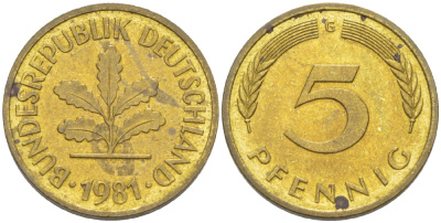 ФРГ 5 ПФЕННИГОВ 1981 G KM 107, J. 382 сталь плакированная латунью 4181-1011