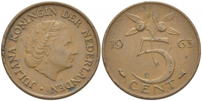 НИДЕРЛАНДЫ 5 ЦЕНТОВ 1963 ЮЛИАНА KM 181 бронза 3856-1241