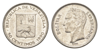 Венесуэла 50 сентимо 1990 Симон Боливар Y 41a сталь плакированная никелем 4664-228