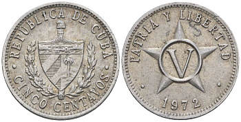Куба 5 сентаво 1972 KM 34, JMA 46, Y 28, Schoen 32 алюминий 4114-244