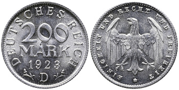 ГЕРМАНИЯ 200 МАРОК 1923 D KM 35, J. 304 алюминий UNC 24-846
