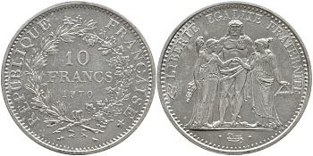 Франция 10 франков 1970 Геракл с богинями равенства и братства KM 932 серебро 272-623