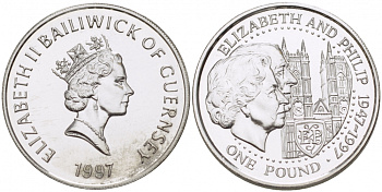 Гернси 1 фунт 1997 Елизавета и Филлип, золотая свадьба KM 70 серебро UNC 650-534