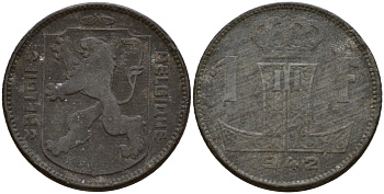 Бельгия 1 франк 1942 Belgique - Belgie, Леопольд III (1934-1947), германская оккупация, Вторая мировая война KM 127 цинк 4161-441