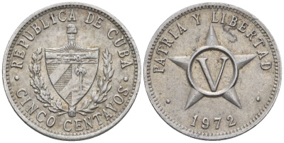 Куба 5 сентаво 1972 KM 34, JMA 46, Y 28, Schoen 32 алюминий 4114-244