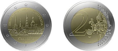 Латвия 2 евро 2014 Рига, культурная столица европы KM 158 биметалл UNC M19-21