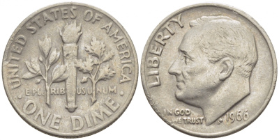 США 10 ЦЕНТОВ = 1 ДАЙМ 1966 РУЗВЕЛЬТ KM 195а медь плакированная медно-никелем 105-1039