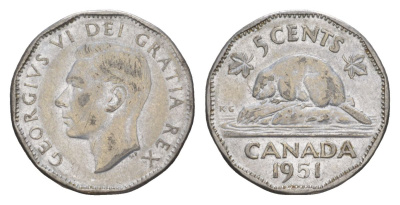 Канада 5 центов 1951 Георг VI (1936-1952), бобр KM 42a хромированная сталь 4630-656