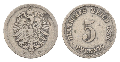 Германия 5 пфеннигов 1876 D, Вильгельм I (1871-1888) KM 3, J. 3 медно-никель 4632-657