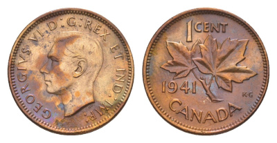 Канада 1 цент 1941 Георг VI (1936-1952), кленовый лист KM 32 бронза 4639-255