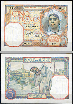 Алжир 5 франков 1941 девушка, 17 апреля 1941 Pick 77 b  бумага  UNC (пресс) 451-1394-1