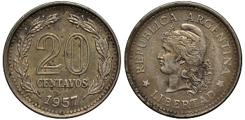 Аргентина 20 сентаво 1957 голова Свободы влево KM 55 сталь плакированная никелем 4182-255