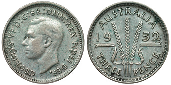 Австралия 3 пенса 1952 m, Георг VI (1937-1952), без букв KM 44 серебро 71-414