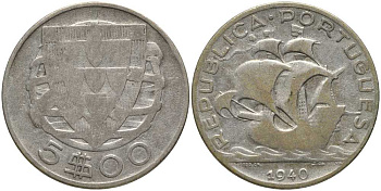 ПОРТУГАЛИЯ 5 ЭСКУДО 1940 ПАРУСНИК КМ 581 серебро 202-421