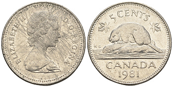 Канада 5 центов 1981 Елизавета II (1952-2022), бобер KM 60.2 никель 4609-429