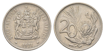 ЮАР 20 центов 1971 герб, цветок протея KM 86 никель 4626-752