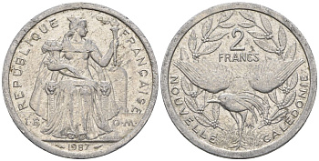 Французская Новая Каледония 2 франка 1987 птица кагу, (IEOM) KM 14, Schoen 11, Lec 64 алюминий    08-1221