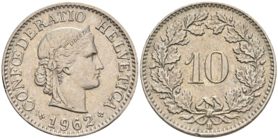 Швейцария 10 раппенов 1962 B KM 27 медно-никель 4608-512