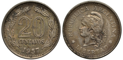 Аргентина 20 сентаво 1957 голова Свободы влево KM 55 сталь плакированная никелем 4182-255